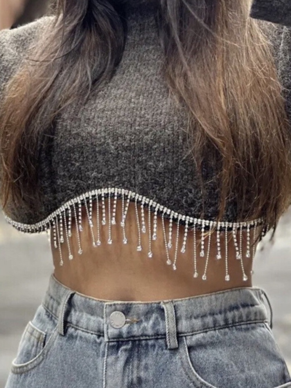 Zara Charcoal Cropped Turtleneck Sweater with Bead Fringe